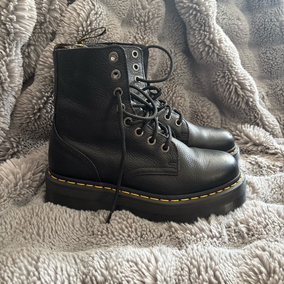 Dr. Martens Shoes - Dr Martens Black Platform Lace-Up Combat Boots with Yellow Stitching